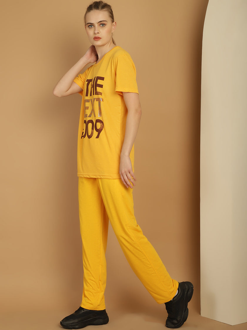 Mack Jonney Yellow Cotton Printed Co-ord Set Tracksuit For Women