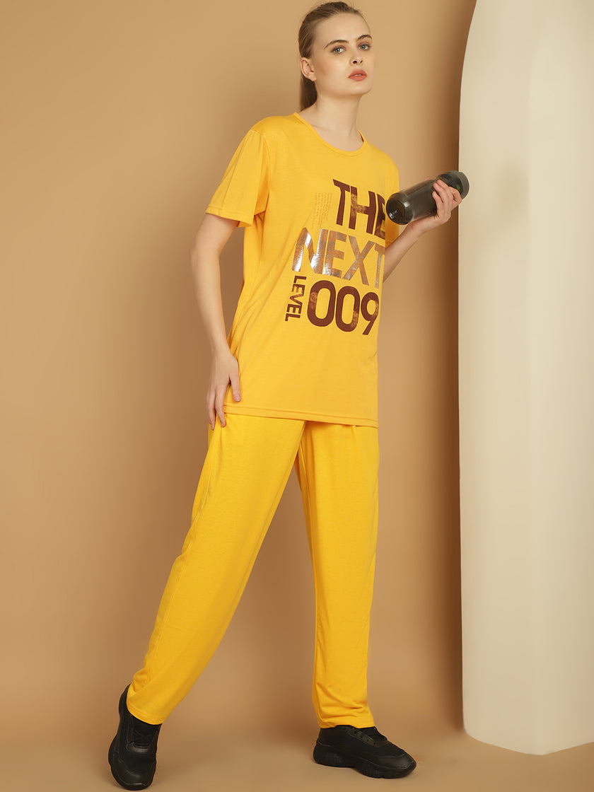 Mack Jonney Yellow Cotton Printed Co-ord Set Tracksuit For Women
