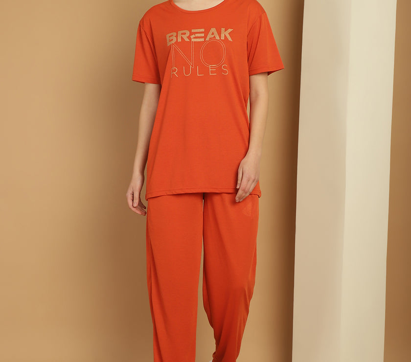Mack Jonney Rust Cotton Printed Co-ord Set Tracksuit For Women