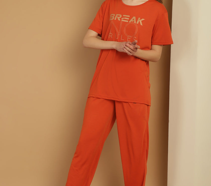 Mack Jonney Rust Cotton Printed Co-ord Set Tracksuit For Women