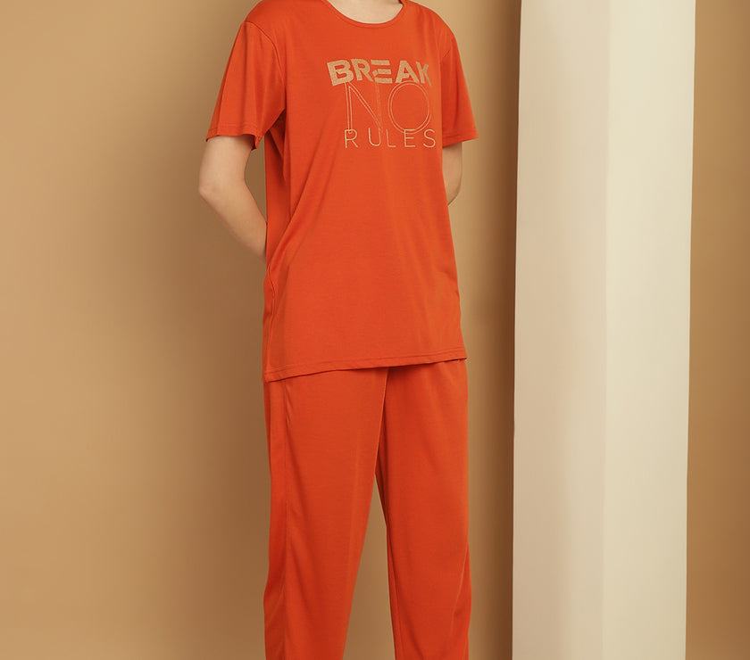 Mack Jonney Rust Cotton Printed Co-ord Set Tracksuit For Women