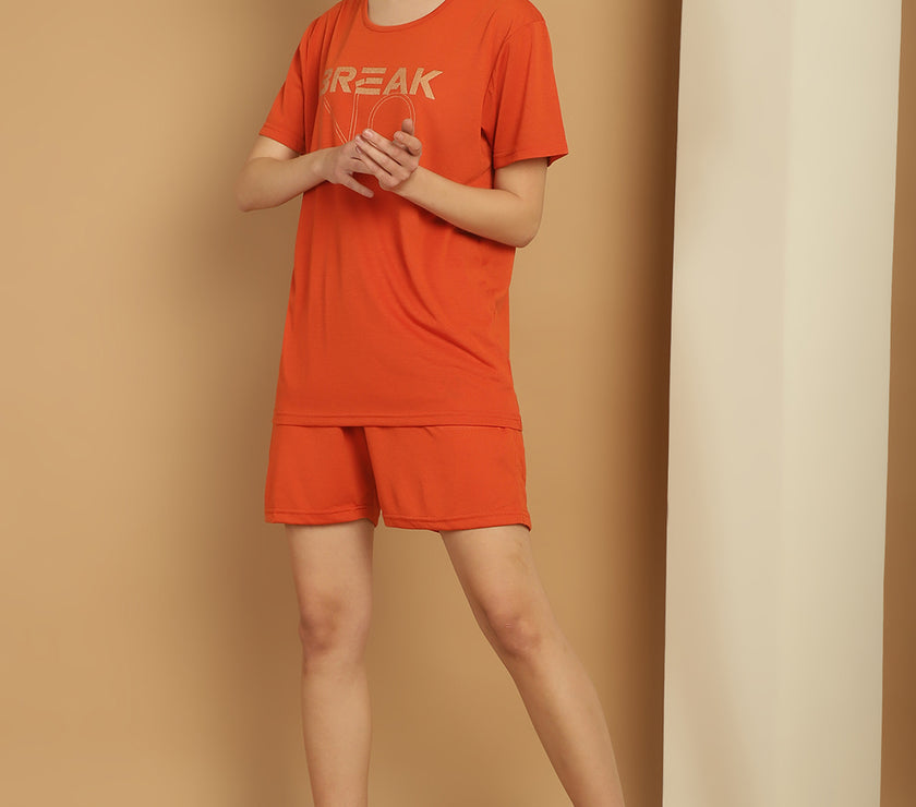 Mack Jonney Printed  Rust Round Neck Cotton  Half sleeves Co-ord set Tracksuit For Women