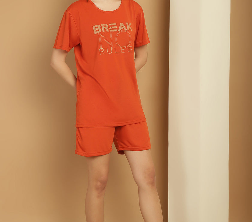 Mack Jonney Printed  Rust Round Neck Cotton  Half sleeves Co-ord set Tracksuit For Women