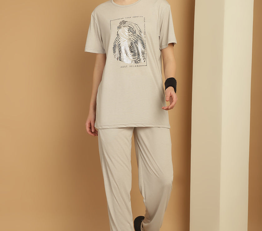 Mack Jonney Light Grey Cotton Printed Co-ord Set Tracksuit For Women