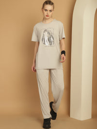 Mack Jonney Light Grey Cotton Printed Co-ord Set Tracksuit For Women