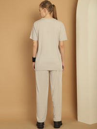 Mack Jonney Light Grey Cotton Printed Co-ord Set Tracksuit For Women