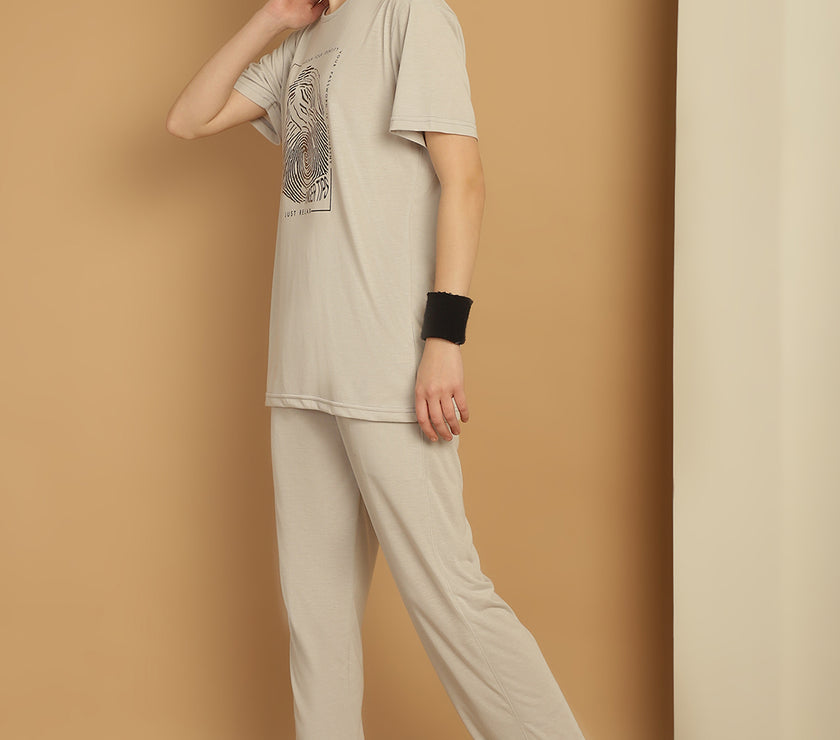 Mack Jonney Light Grey Cotton Printed Co-ord Set Tracksuit For Women