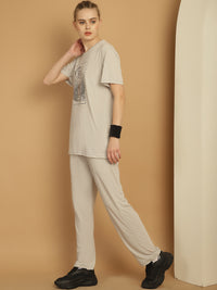 Mack Jonney Light Grey Cotton Printed Co-ord Set Tracksuit For Women
