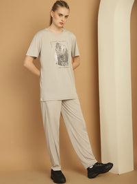 Mack Jonney Light Grey Cotton Printed Co-ord Set Tracksuit For Women