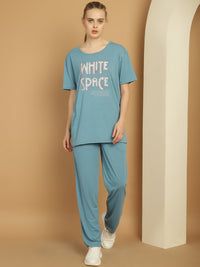 Mack Jonney Blue Cotton Printed Co-ord Set Tracksuit For Women