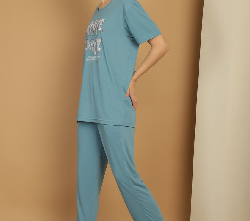 Mack Jonney Blue Cotton Printed Co-ord Set Tracksuit For Women