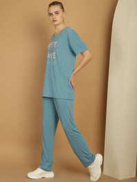 Mack Jonney Blue Cotton Printed Co-ord Set Tracksuit For Women