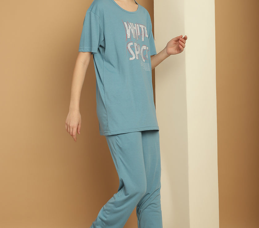Mack Jonney Blue Cotton Printed Co-ord Set Tracksuit For Women