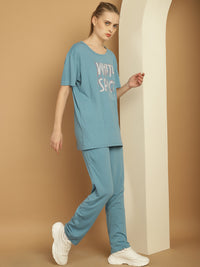 Mack Jonney Blue Cotton Printed Co-ord Set Tracksuit For Women