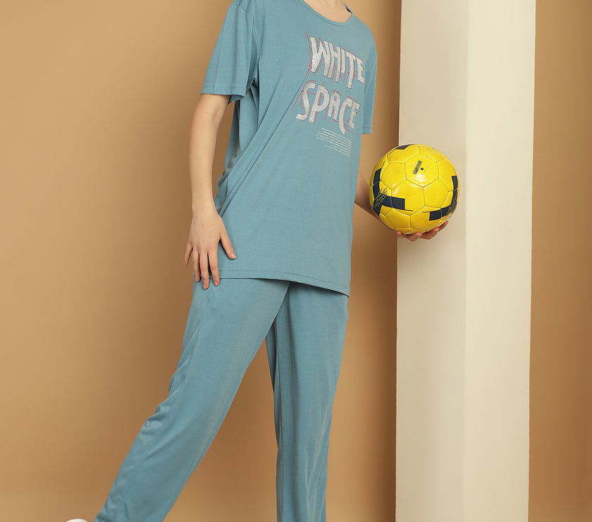 Mack Jonney Blue Cotton Printed Co-ord Set Tracksuit For Women