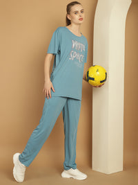 Mack Jonney Blue Cotton Printed Co-ord Set Tracksuit For Women