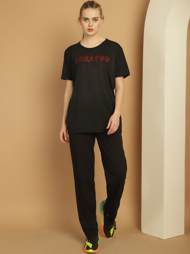 Mack Jonney Black Cotton Printed Co-ord Set Tracksuit For Women