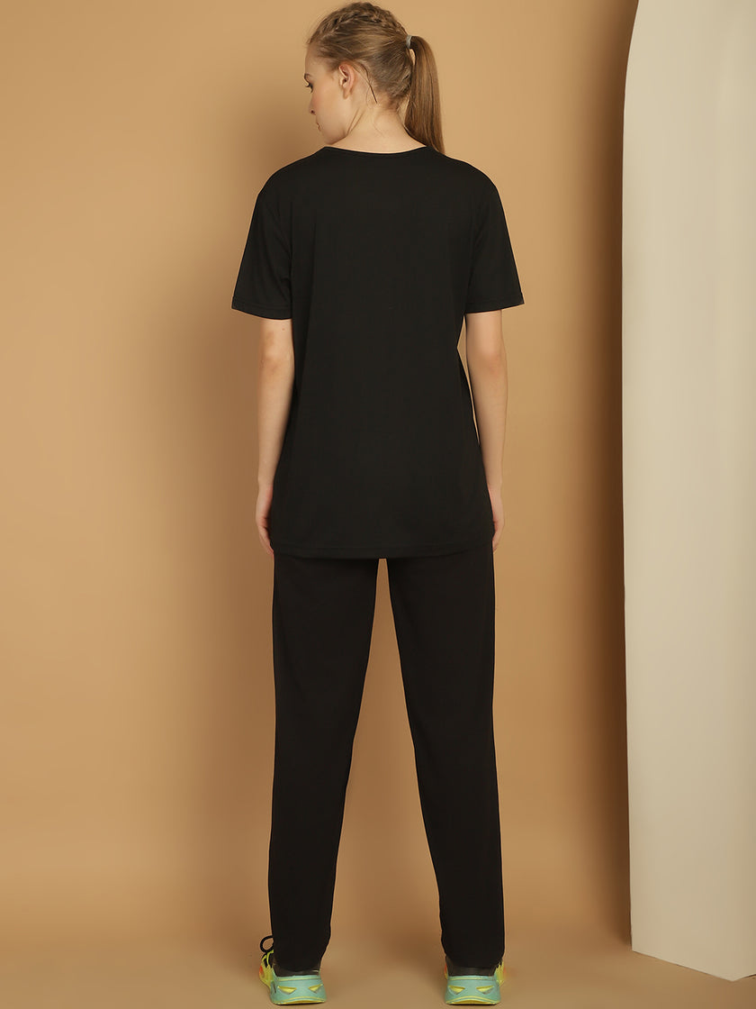 Mack Jonney Black Cotton Printed Co-ord Set Tracksuit For Women