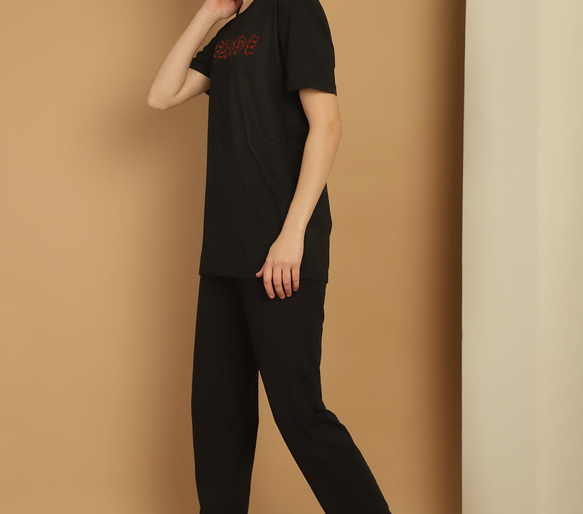 Mack Jonney Black Cotton Printed Co-ord Set Tracksuit For Women