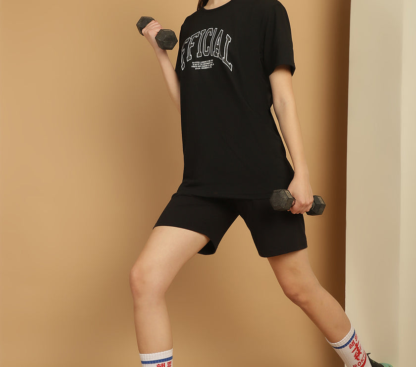 Mack Jonney Printed  Black Round Neck Cotton  Half sleeves Co-ord set Tracksuit For Women