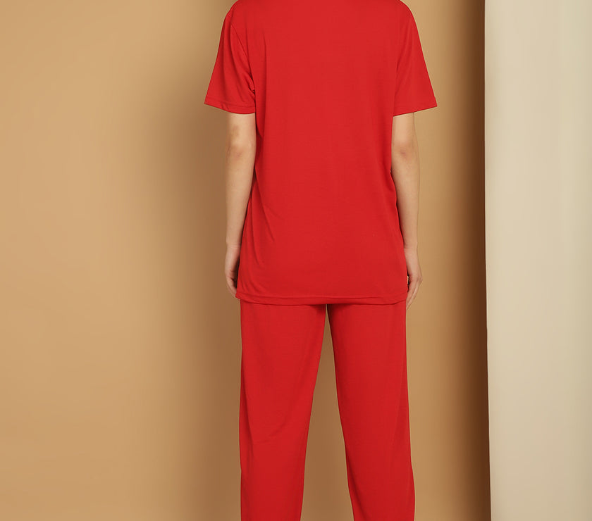 Mack Jonney Red Cotton Printed Co-ord Set Tracksuit For Women