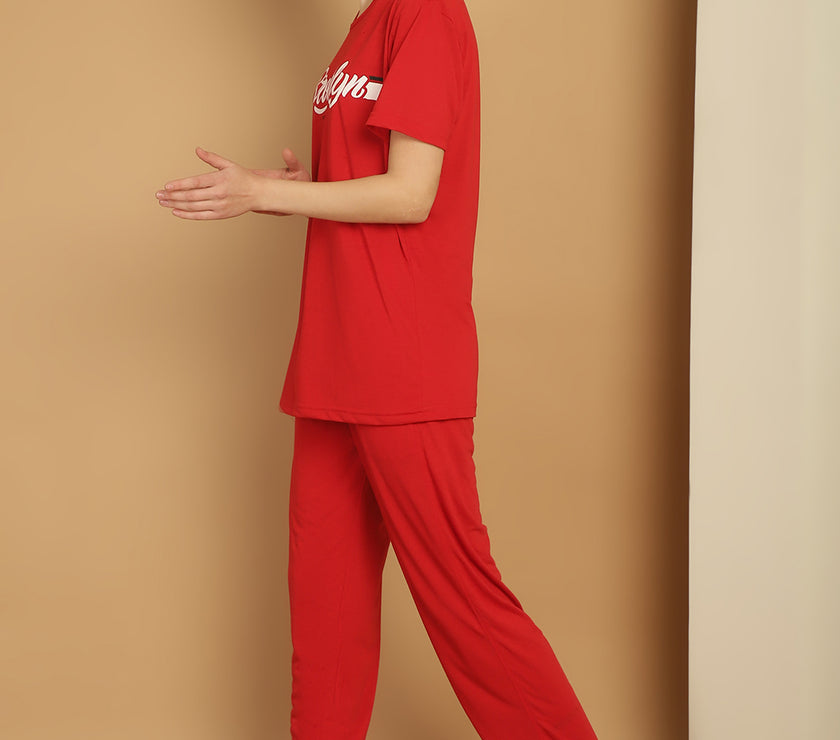 Mack Jonney Red Cotton Printed Co-ord Set Tracksuit For Women