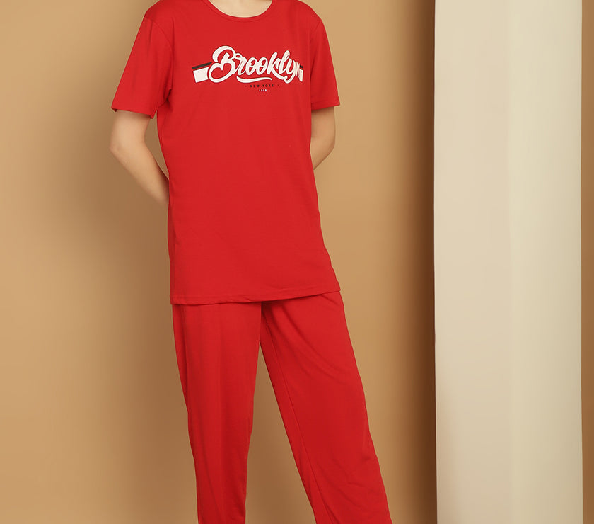 Mack Jonney Red Cotton Printed Co-ord Set Tracksuit For Women