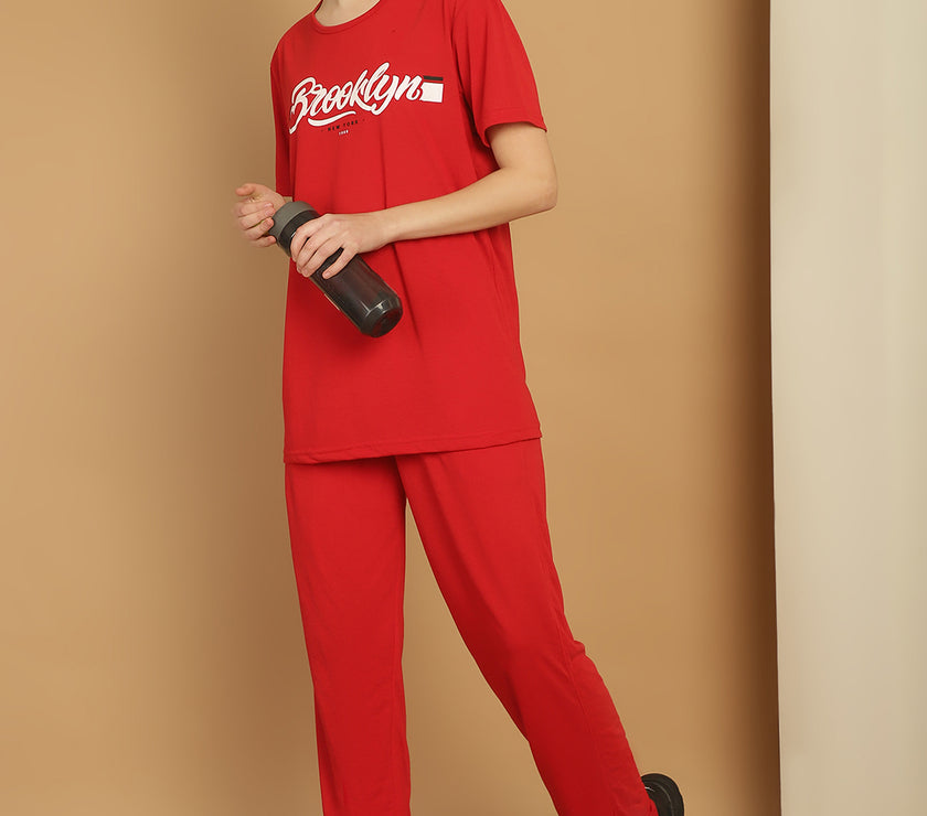 Mack Jonney Red Cotton Printed Co-ord Set Tracksuit For Women