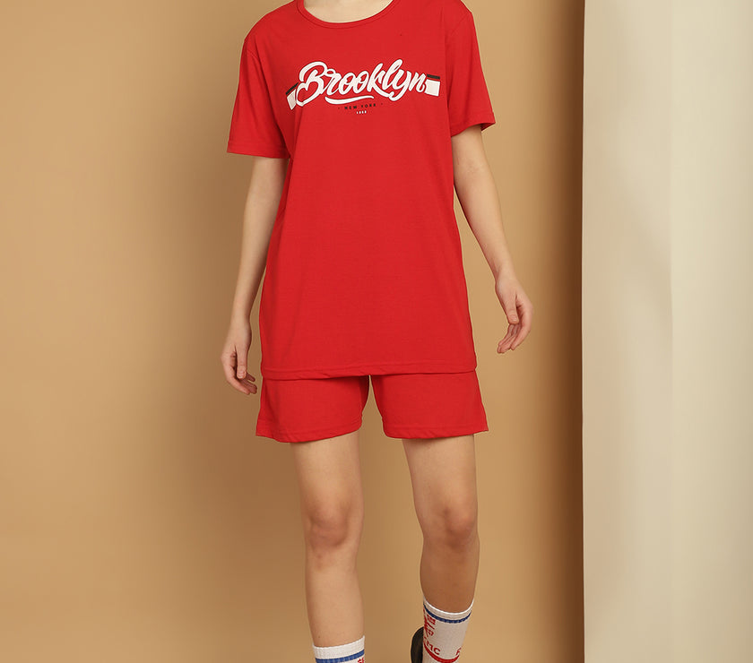 Mack Jonney Printed  Red Round Neck Cotton  Half sleeves Co-ord set Tracksuit For Women