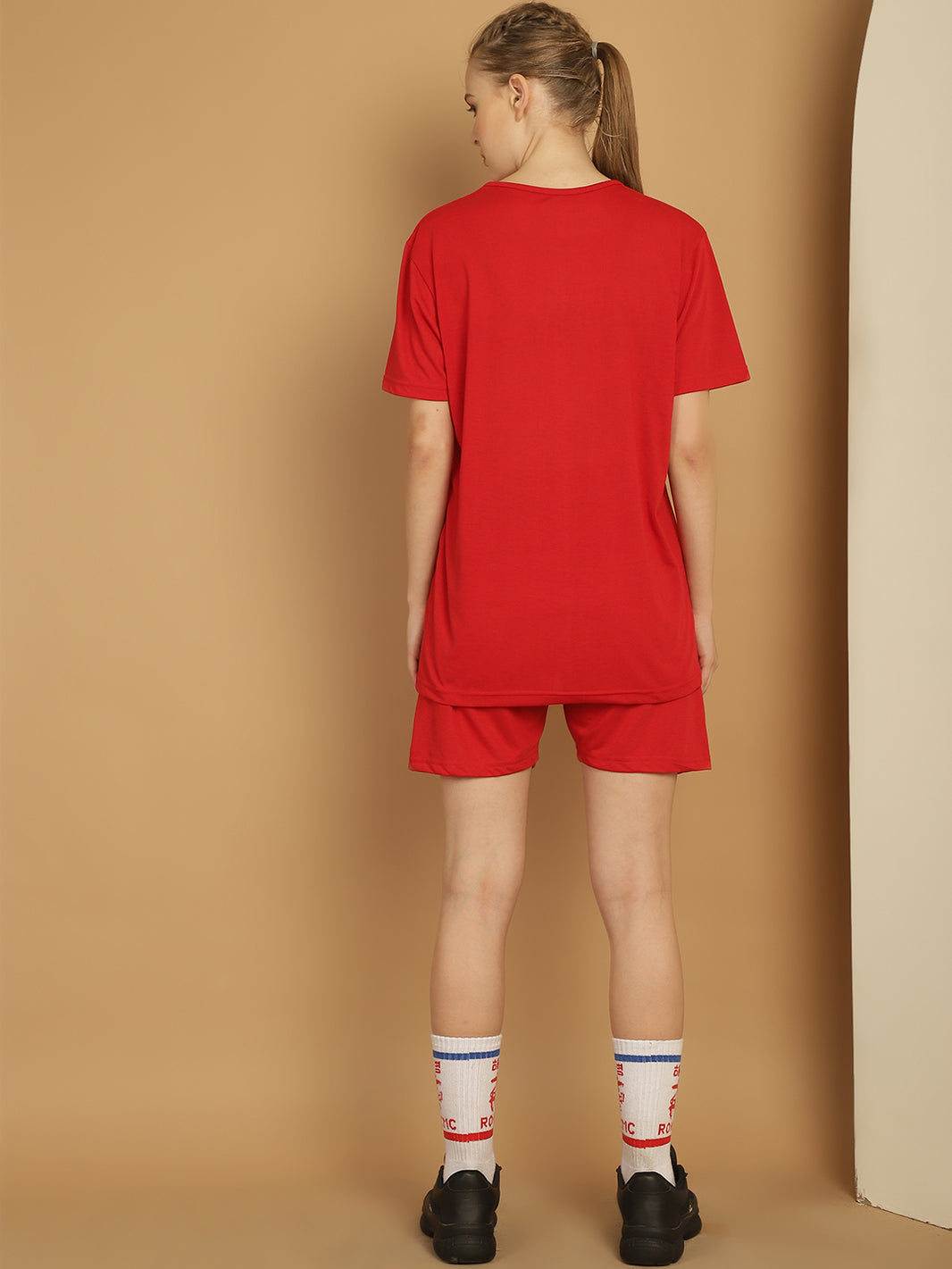 Mack Jonney Printed  Red Round Neck Cotton  Half sleeves Co-ord set Tracksuit For Women