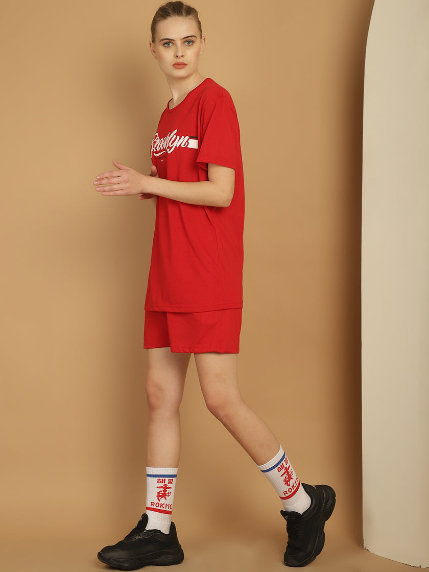 Mack Jonney Printed  Red Round Neck Cotton  Half sleeves Co-ord set Tracksuit For Women