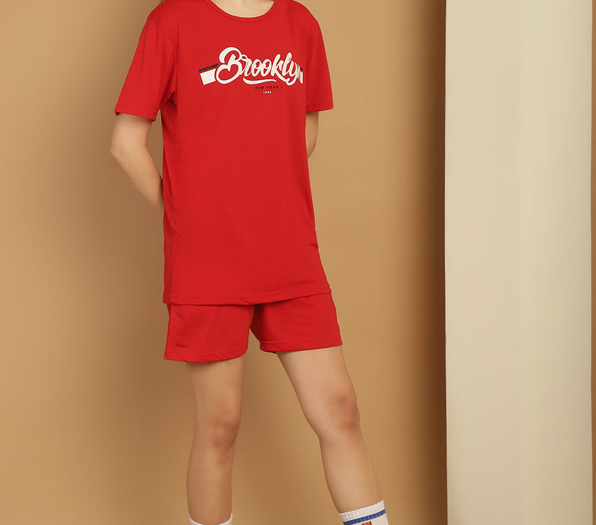 Mack Jonney Printed  Red Round Neck Cotton  Half sleeves Co-ord set Tracksuit For Women