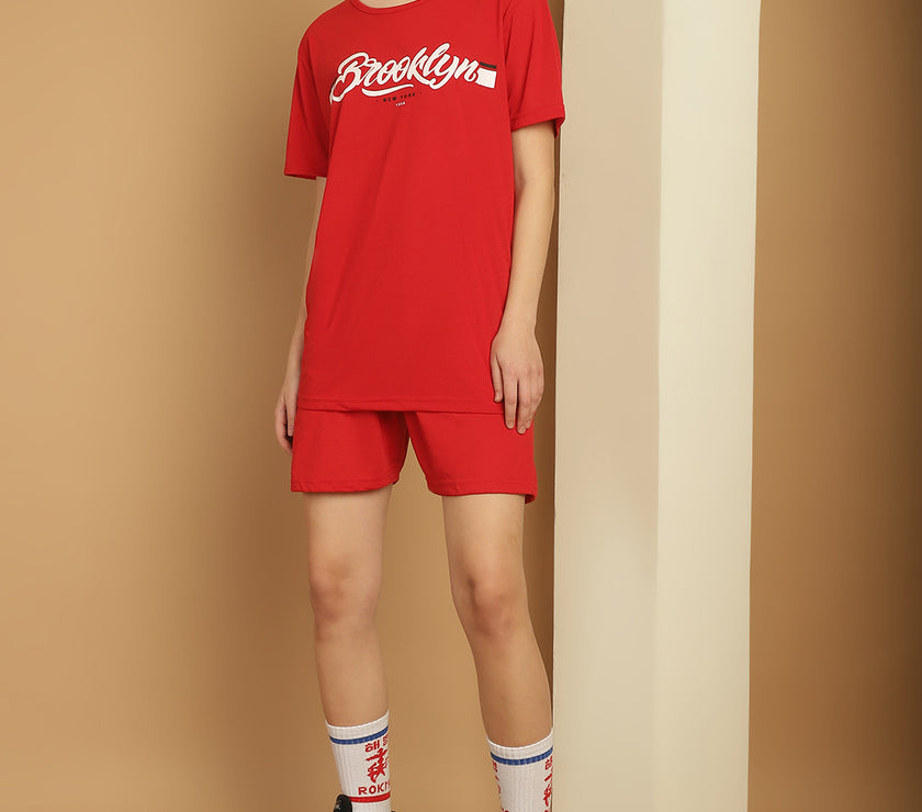 Mack Jonney Printed  Red Round Neck Cotton  Half sleeves Co-ord set Tracksuit For Women