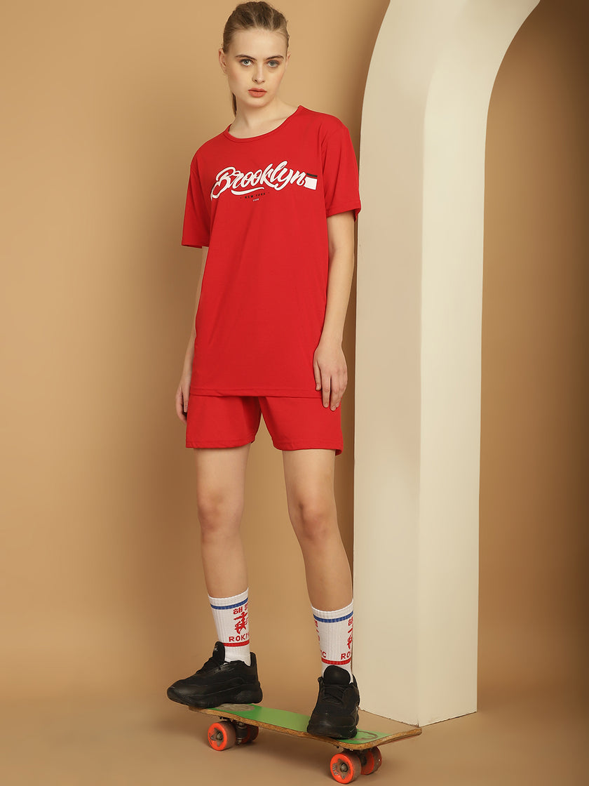 Mack Jonney Printed  Red Round Neck Cotton  Half sleeves Co-ord set Tracksuit For Women
