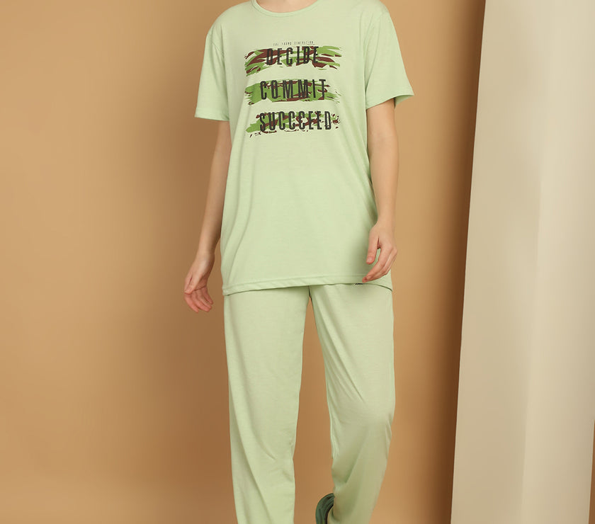 Mack Jonney Light Green Cotton Printed Co-ord Set Tracksuit For Women