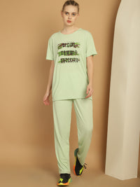 Mack Jonney Light Green Cotton Printed Co-ord Set Tracksuit For Women