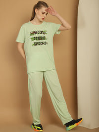 Mack Jonney Light Green Cotton Printed Co-ord Set Tracksuit For Women