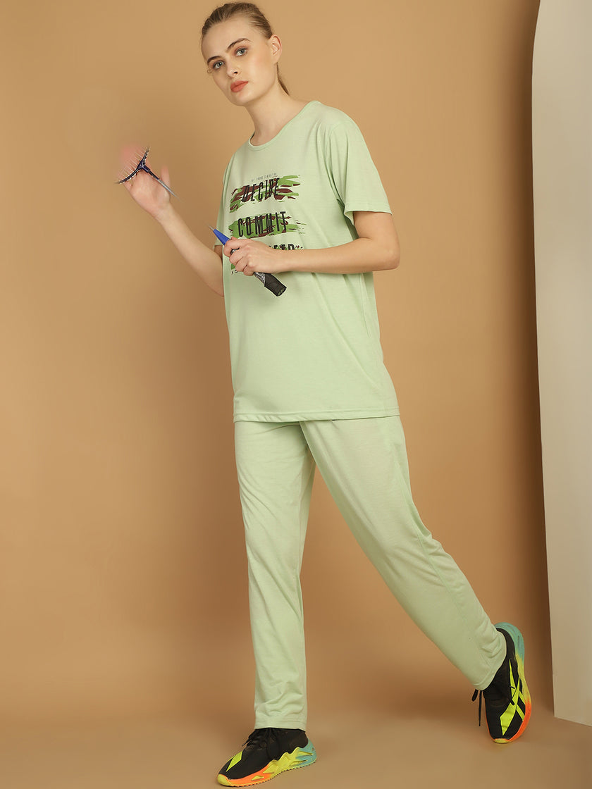 Mack Jonney Light Green Cotton Printed Co-ord Set Tracksuit For Women