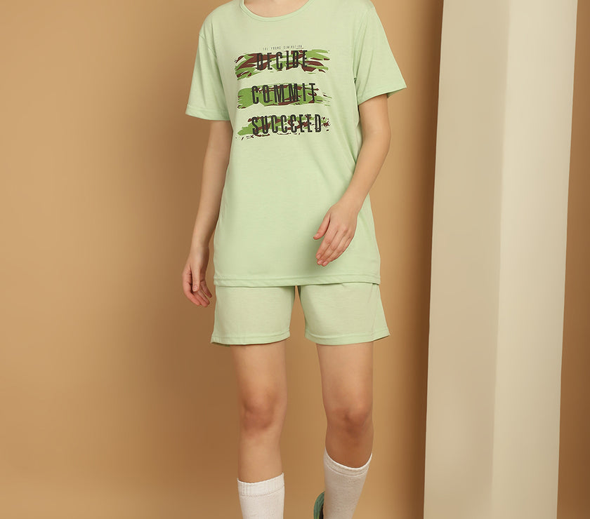 Mack Jonney Printed  Light Green Round Neck Cotton  Half sleeves Co-ord set Tracksuit For Women