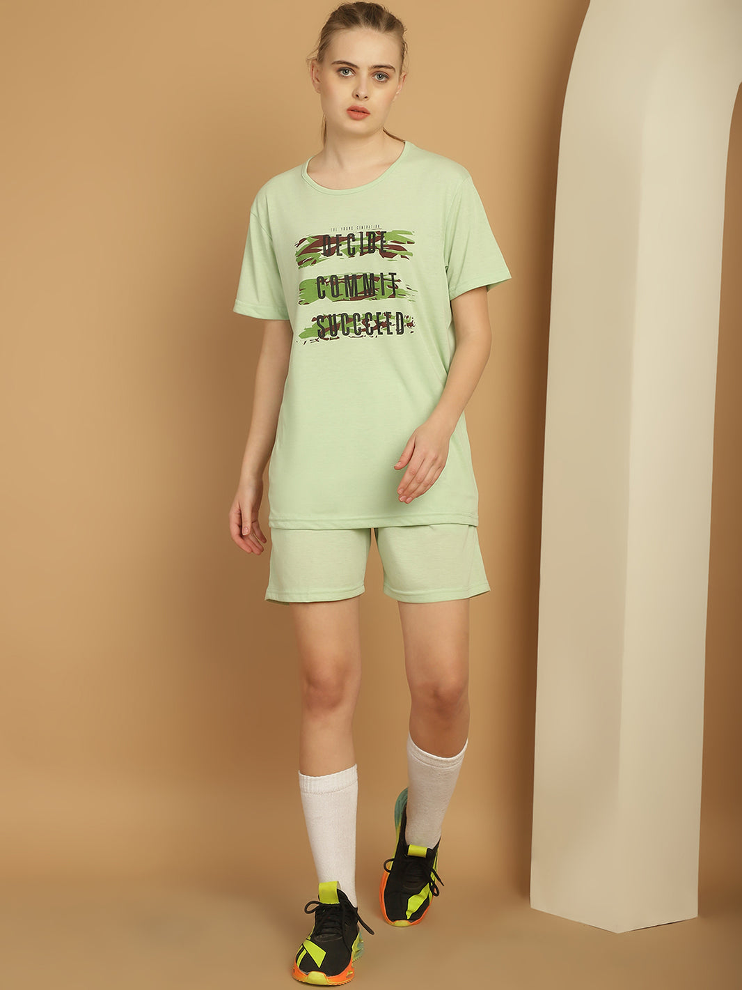 Mack Jonney Printed  Light Green Round Neck Cotton  Half sleeves Co-ord set Tracksuit For Women