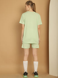 Mack Jonney Printed  Light Green Round Neck Cotton  Half sleeves Co-ord set Tracksuit For Women