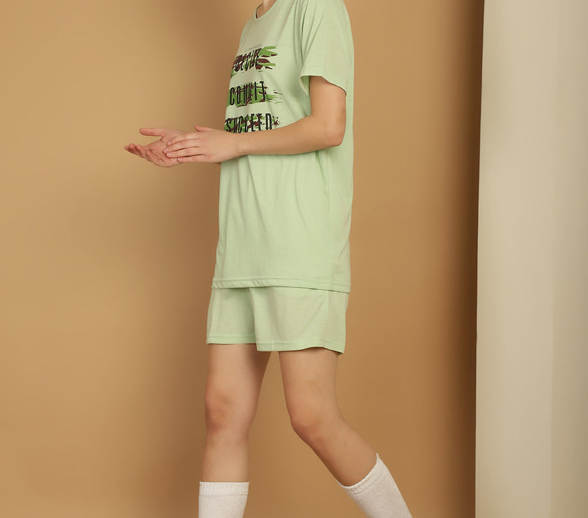 Mack Jonney Printed  Light Green Round Neck Cotton  Half sleeves Co-ord set Tracksuit For Women