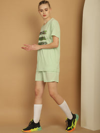 Mack Jonney Printed  Light Green Round Neck Cotton  Half sleeves Co-ord set Tracksuit For Women