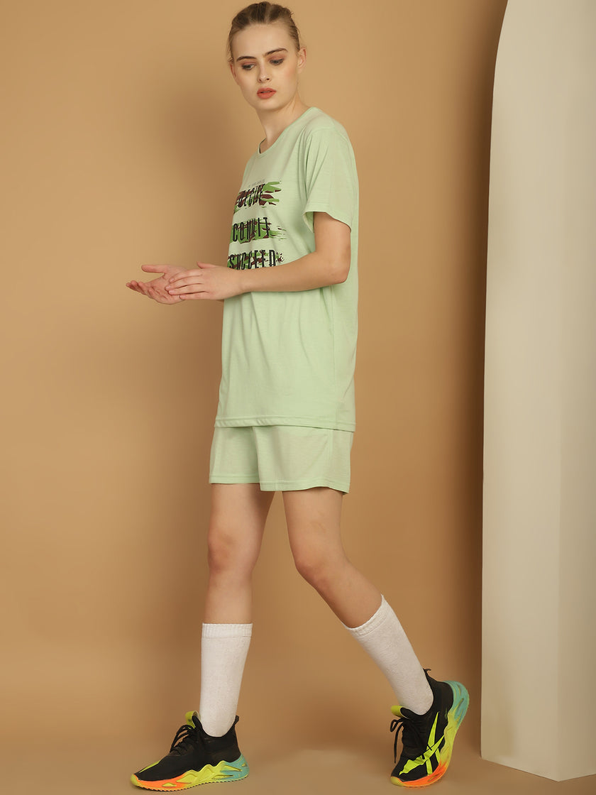 Mack Jonney Printed  Light Green Round Neck Cotton  Half sleeves Co-ord set Tracksuit For Women