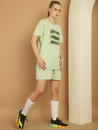 Mack Jonney Printed  Light Green Round Neck Cotton  Half sleeves Co-ord set Tracksuit For Women