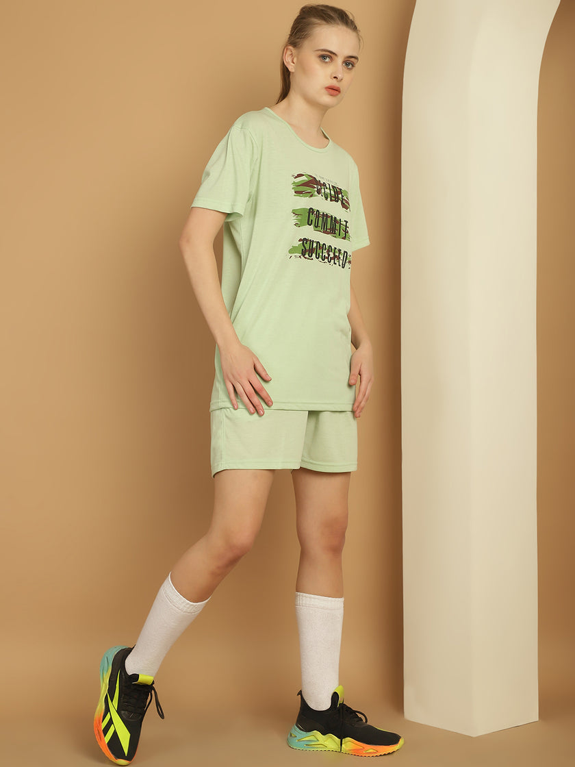 Mack Jonney Printed  Light Green Round Neck Cotton  Half sleeves Co-ord set Tracksuit For Women