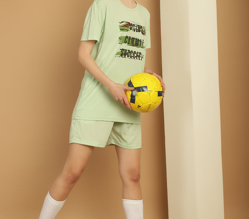 Mack Jonney Printed  Light Green Round Neck Cotton  Half sleeves Co-ord set Tracksuit For Women