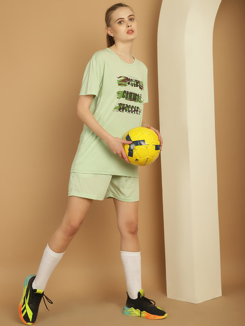 Mack Jonney Printed  Light Green Round Neck Cotton  Half sleeves Co-ord set Tracksuit For Women
