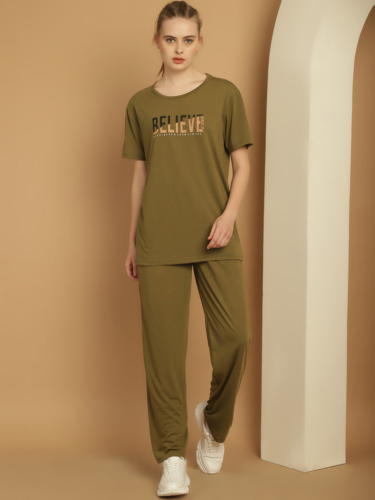 Mack Jonney Olive Cotton Printed Co-ord Set Tracksuit For Women