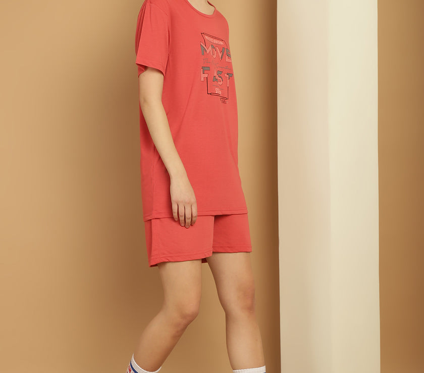 Mack Jonney Printed  Pink Round Neck Cotton  Half sleeves Co-ord set Tracksuit For Women